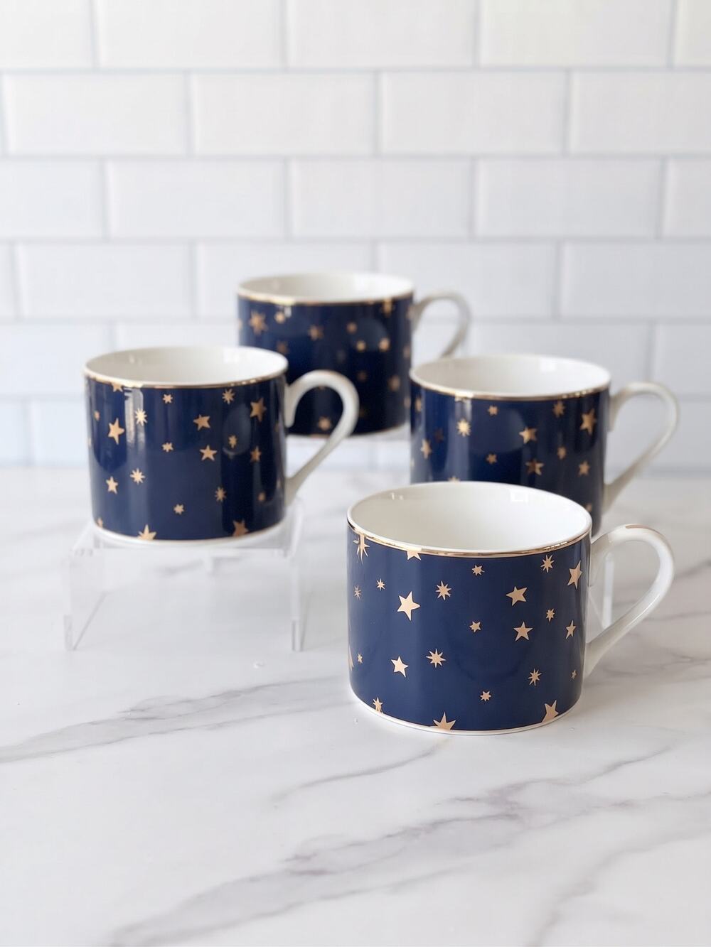 Sakura Galaxy Star Whimsical Mugs Set of 4, Fine Porcelain, 14k Gold Trim